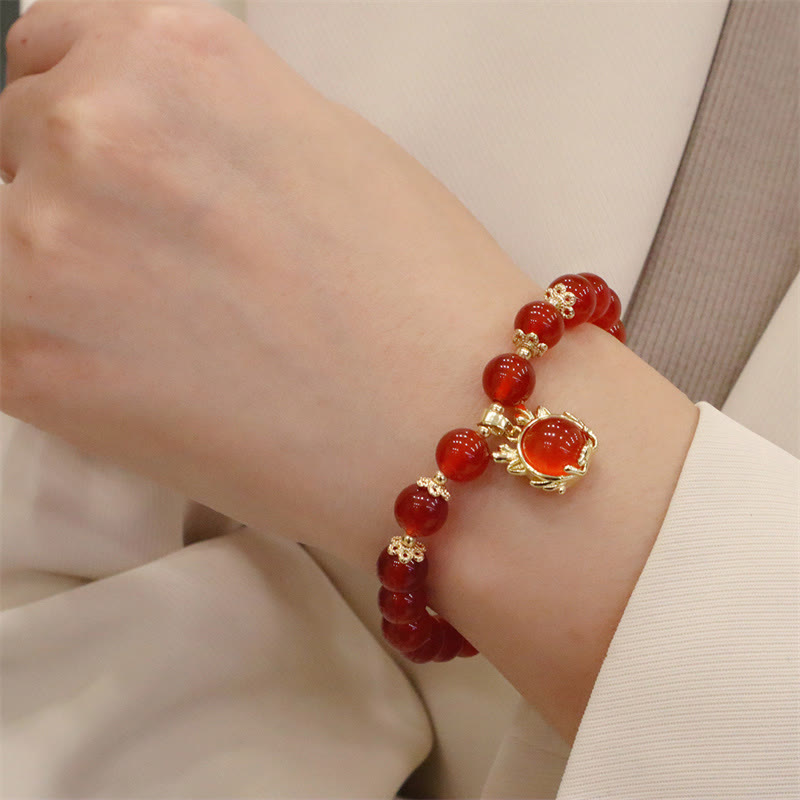 Buddha Stones Year of the Dragon Red Agate Jade Peace Buckle Fu Character Success Bracelet