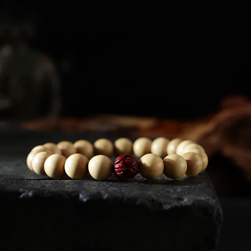 Tibet Peach Wood Lotus Cinnabar Bagua Yin Yang Luck Wealth Bracelet