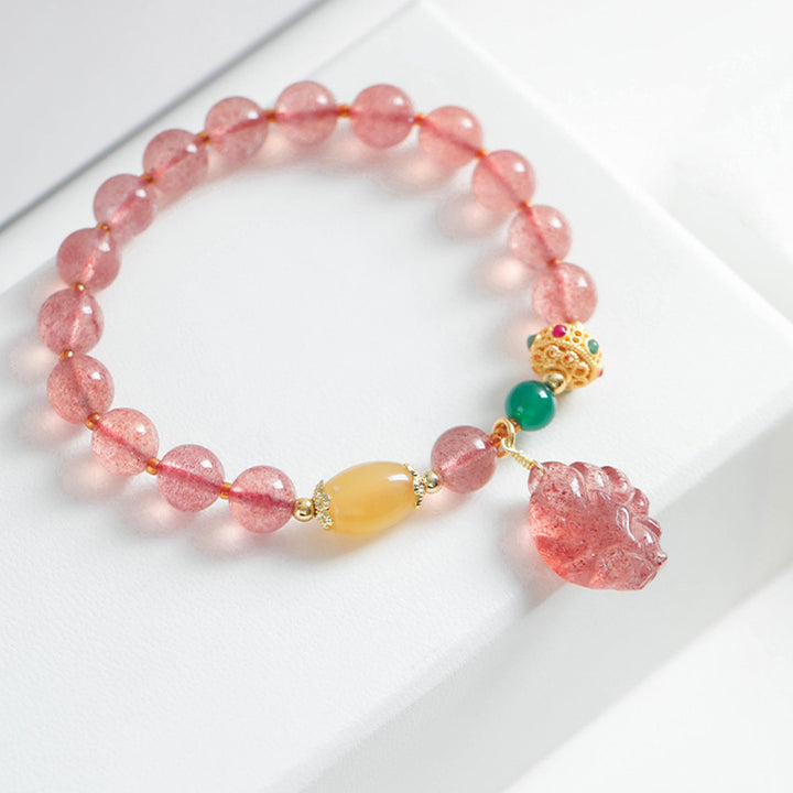 Buddha Stones Natural Strawberry Quartz Nine-Tailed Fox Healing Bracelet