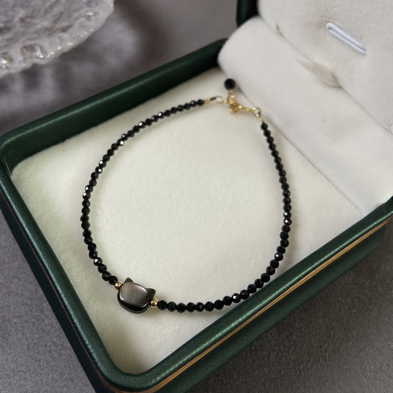 Buddha Stones 14K Gold Plated Black Spinel White Crystal Cute Cat Tridacna Stone Healing Bracelet