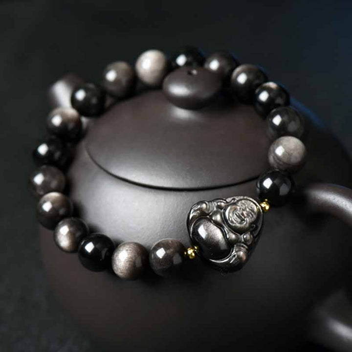 Buddha Stones Silver Sheen Obsidian Lotus Flower Nine Tailed Fox Laughing Buddha Protection Bracelet