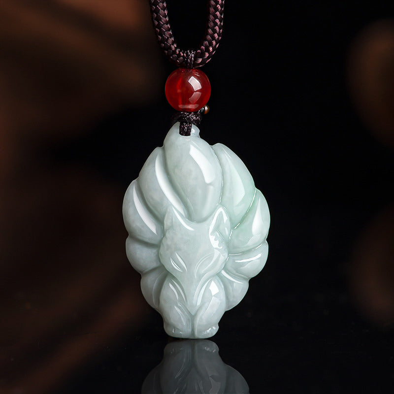 Buddha Stones Natural Jade Nine Tailed Fox Luck Prosperity Necklace Pendant