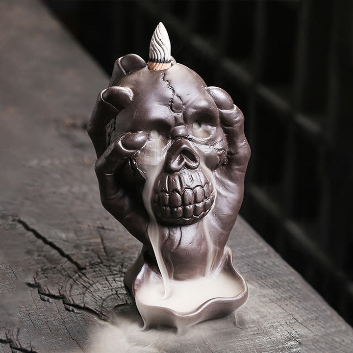 Buddha Stones Halloween Skull With Ghost Hand Purple Clay Spiritual Incense Burner Decoration