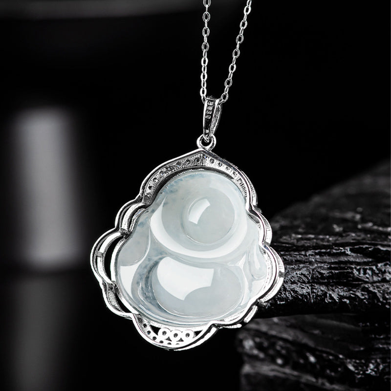 925 Sterling Silver Laughing Buddha Natural Jade Abundance Necklace Pendant