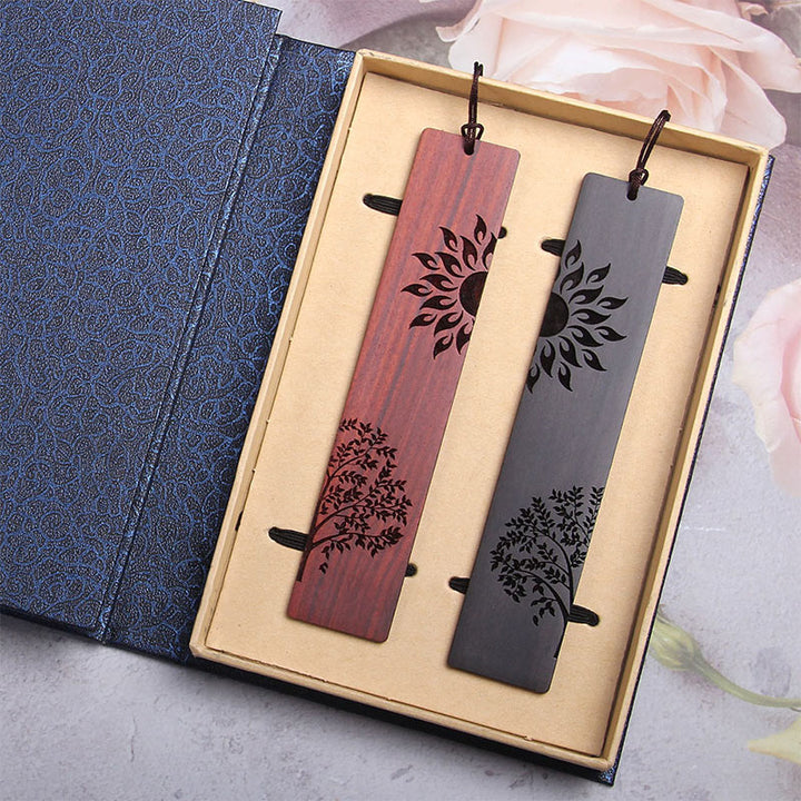 Buddha Stones Sun Tree Ebony Wood Small Leaf Red Sandalwood Bookmarks With Gift Box