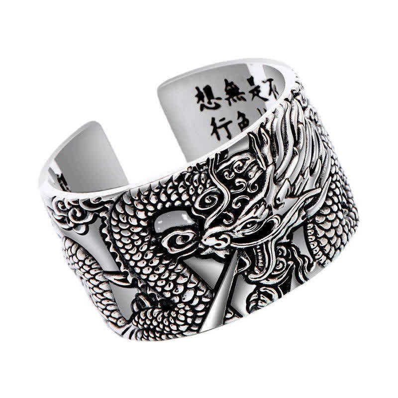 Buddha Stones 999 Sterling Silver Dragon Carved Pattern Protection Success Ring