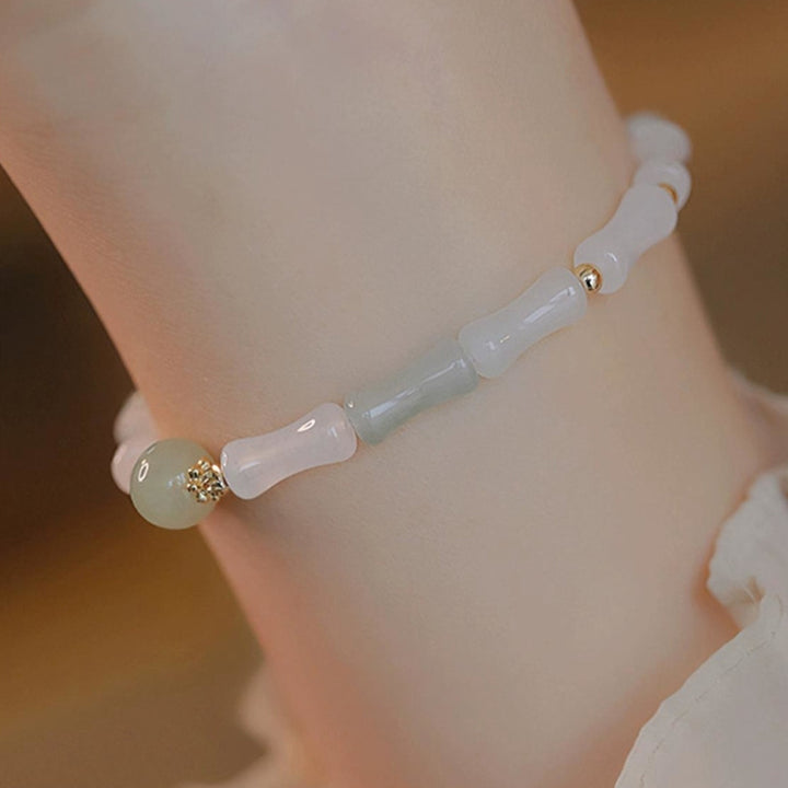 Buddha Stones 14K Gold Plated Hetian White Jade Bamboo Leaf Luck Protection Bracelet