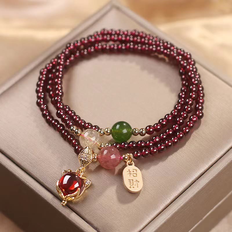 Buddha Stones Natural Garnet Strawberry Quartz Crystal Fox Koi Fish Peace Buckle Fortune Protection Triple Wrap Bracelet