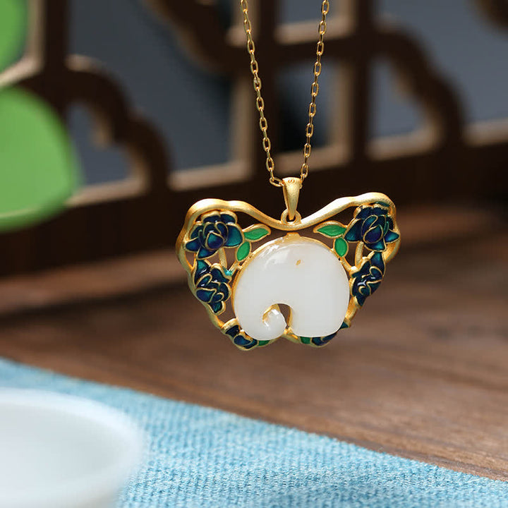 White Jade Elephant Butterfly Lotus Success Necklace Chain Pendant