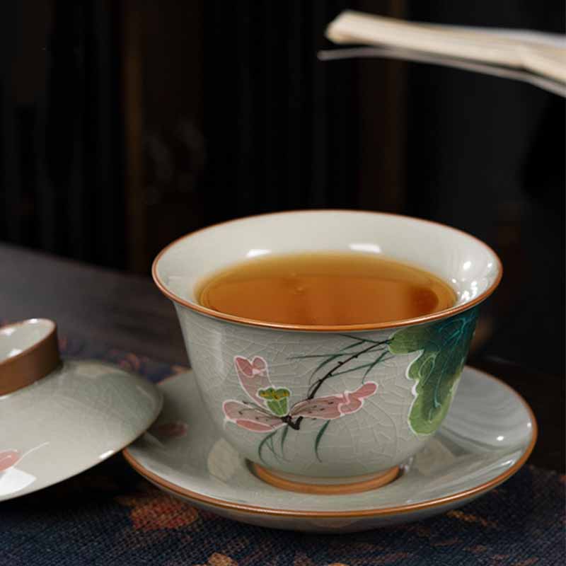 Buddha Stones Lotus Koi Fish Pod Leaf Ceramic Gaiwan Sancai Teacup Kung Fu Tea Cup And Saucer With Lid 140ml