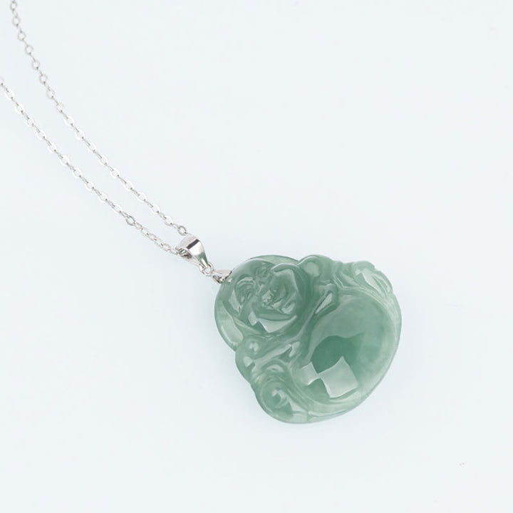 925 Sterling Silver Laughing Buddha Jade Protection Calm Necklace Chain Pendant