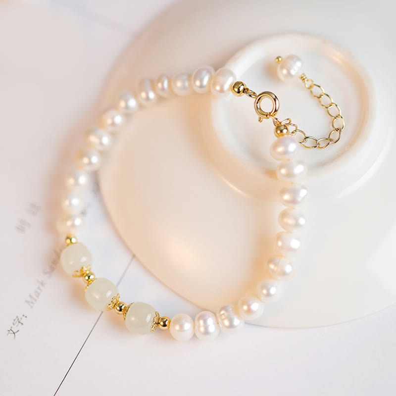 14K Gold Plated Natural Pearl Hetian Cyan Jade White Jade Sincerity Bead Chain Bracelet