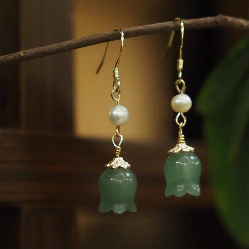 Buddha Stones Lily of The Valley Natural Green Aventurine 14K Gold Plated Luck Pearl Drop Dangle Floral Earrings