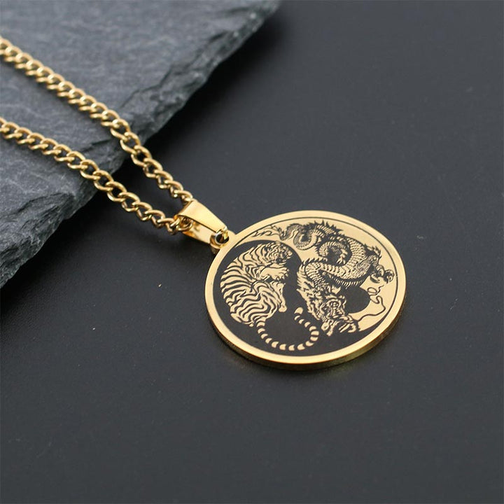 Buddha Stones Tiger Dragon Titanium Steel Chain Necklace Harmony Pendant