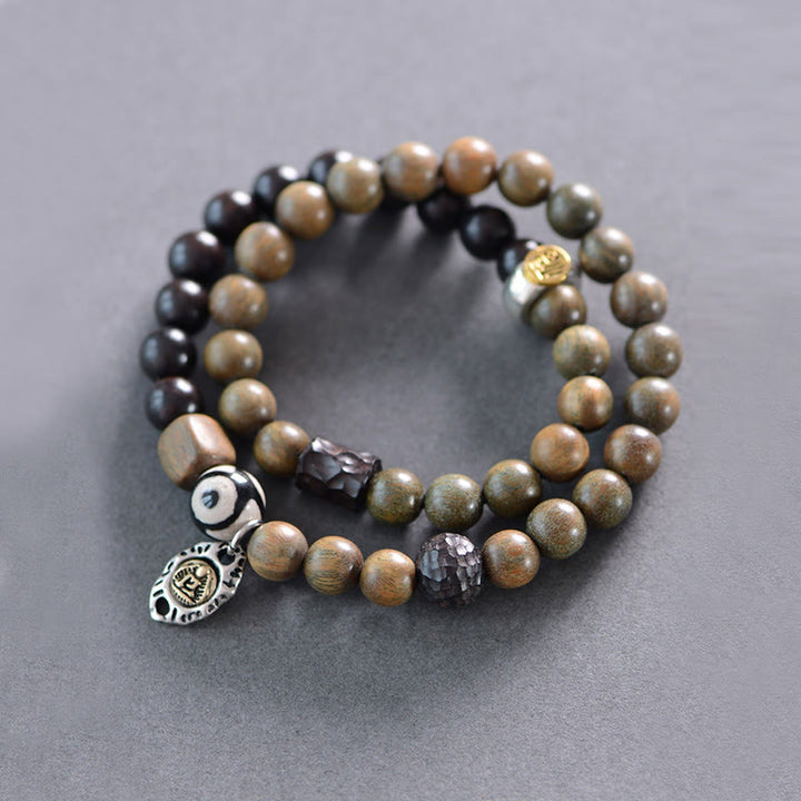 Buddha Stones Tibetan Green Sandalwood Ebony Wood Three-eyed Dzi Bead Fu Character Balance Peace Double Wrap Bracelet