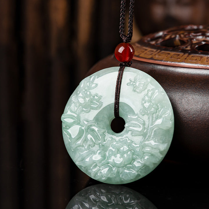 Round Jade Peace Buckle Peony Flower Abundance Necklace Pendant