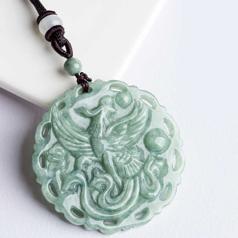 Chinese Zodiac Dragon Phoenix Round Jade Luck Necklace String Pendant