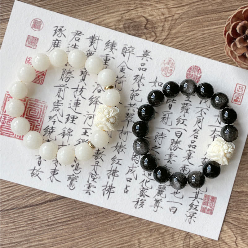 Buddha Stones Silver Sheen Obsidian Bodhi Seed Ivory Fruit Dancing Lion Protection Bracelet