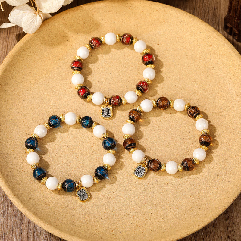 Buddha Stones Tibetan Zakiram Goddess of Wealth Charm Liuli Glass Incense Ash Porcelain Bead Protection Bracelet