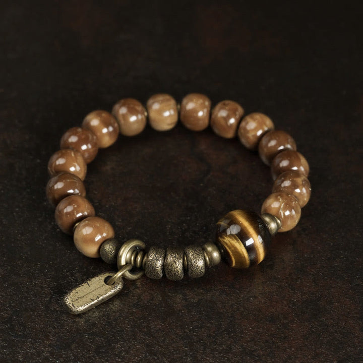 Buddha Stones Kuka Seed Tiger Eye Gold Sheen Obsidian Copper Wealth Luck Bracelet