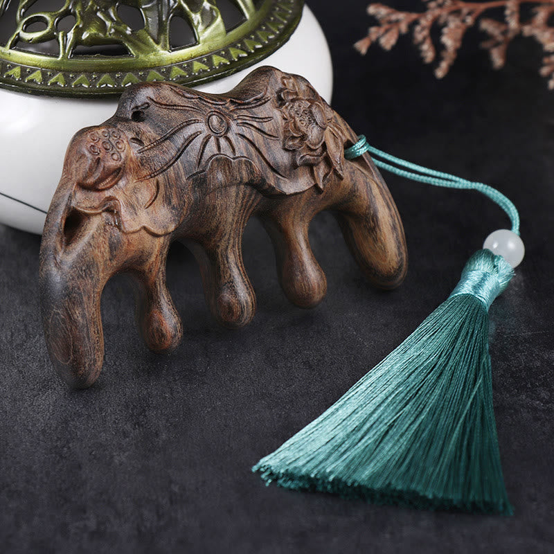 Green Sandalwood Plum Blossom Flowers Lotus Koi Fish Engraved Soothing Tassel Comb