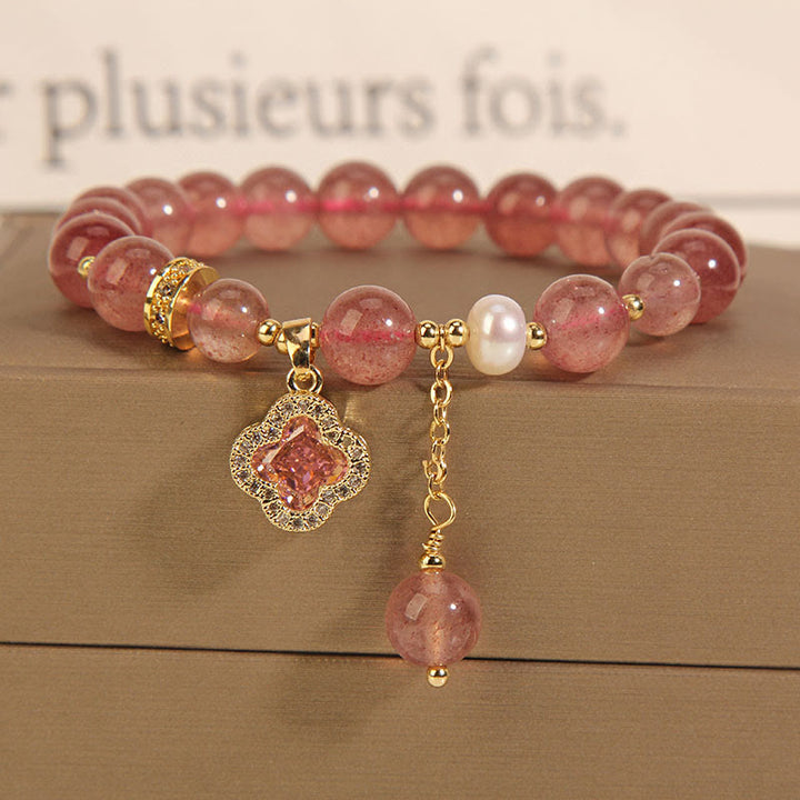 Buddha Stones Strawberry Quartz Pearl Four Leaf Clover Charm Healing Bracelet