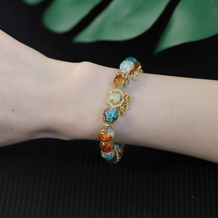 Buddha Stones Colorful Liuli Glass Bead Chinese Lock Charm Fortune Bracelet