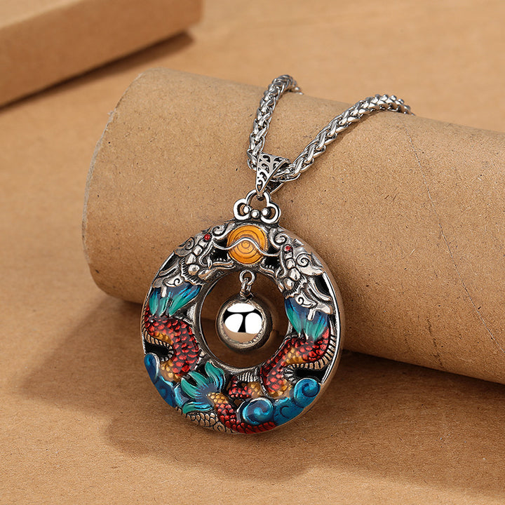 Buddha Stones Year of the Dragon Colorful Double Dragons Playing Bead Copper Protection Necklace Pendant