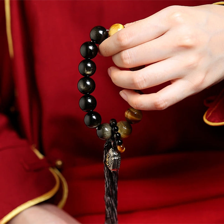 Buddha Stones Natural Gold Sheen Obsidian Tiger Eye Wealth Tassel Bracelet