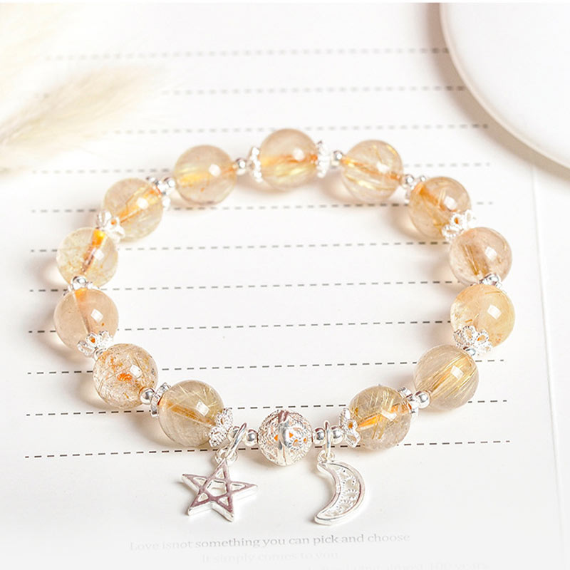 925 Sterling Silver Natural Citrine Happiness Moon Star Charm Bracelet