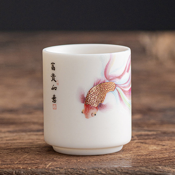 Buddha Stones Koi Fish White Porcelain Ceramic Teacup Kung Fu Tea Cup