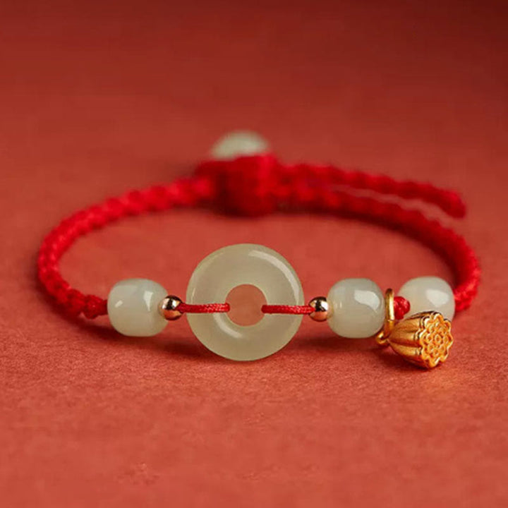 Buddha Stones Round Peace Buckle Jade Lotus Happiness Abundance Wealth String Bracelet