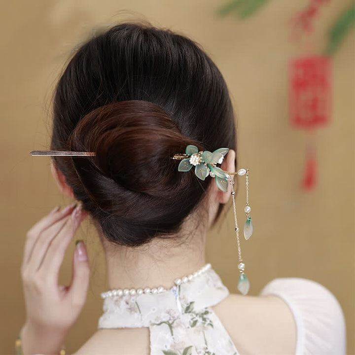 Flower Leaf Pearl Peace Tassel Hairpin