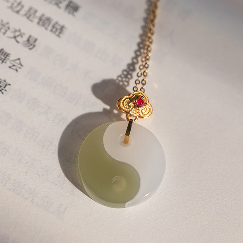 Yin Yang Jade 18K Gold Luck Prosperity Necklace Pendant