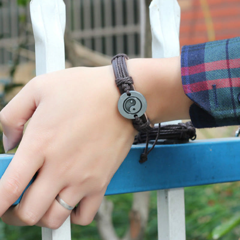 Buddha Stones Retro Yin Yang Leather Harmony String Bracelet