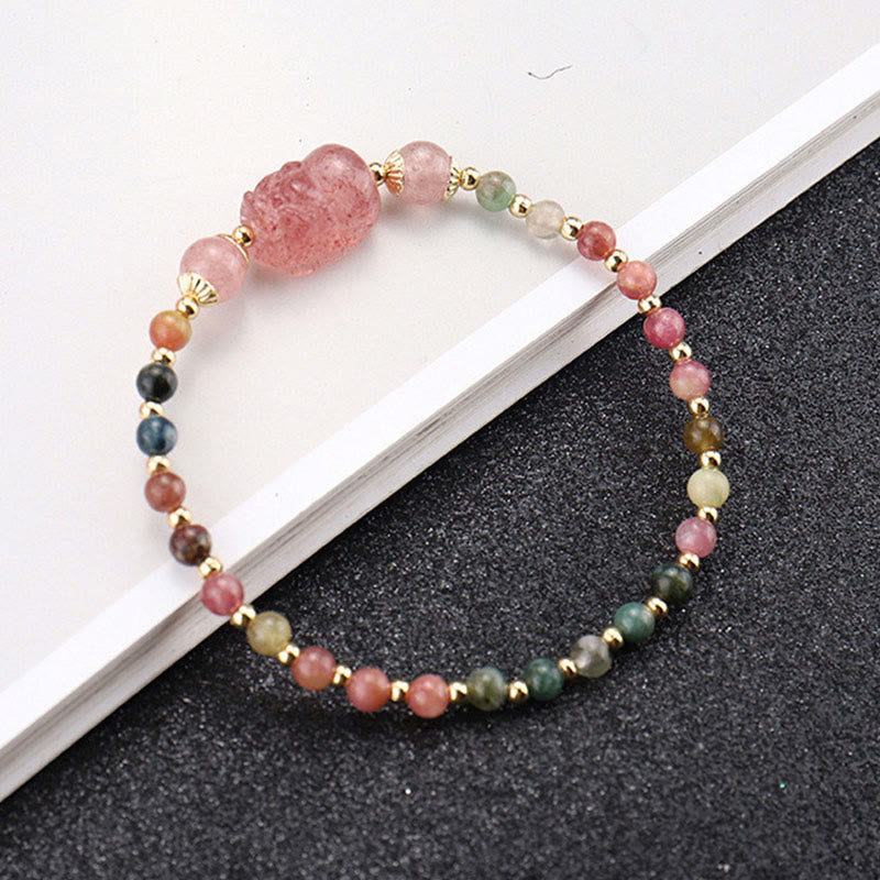 Buddha Stones Natural Tourmaline Garnet Strawberry Quartz PiXiu Moonstone Protection Bracelet