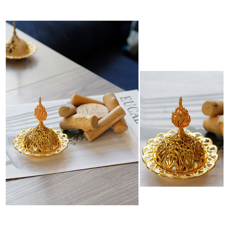 Gold Alloy Healing Mini Incense Burner With Wooden Coaster Home Decor