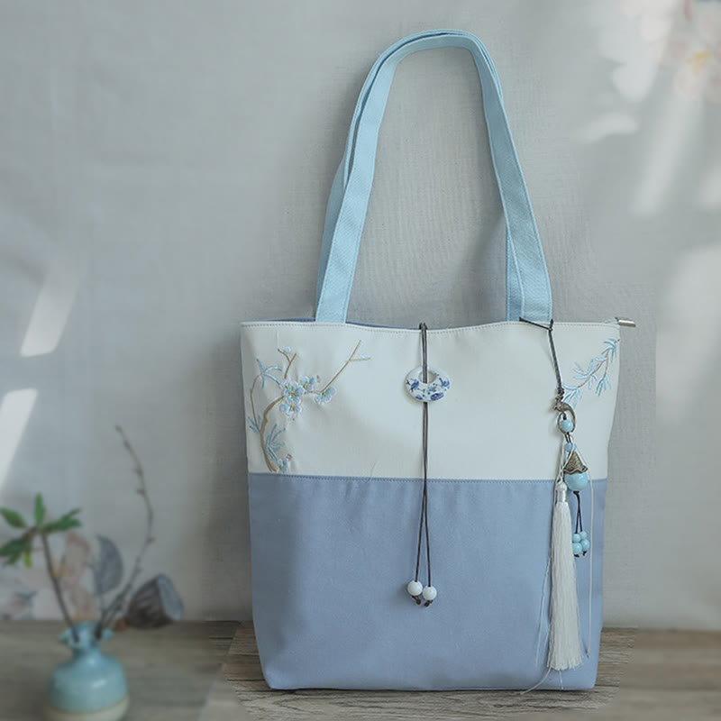 Pear Flower Plum Peach Blossom Bamboo Embroidery Canvas Large Capacity Shoulder Bag Tote Bag