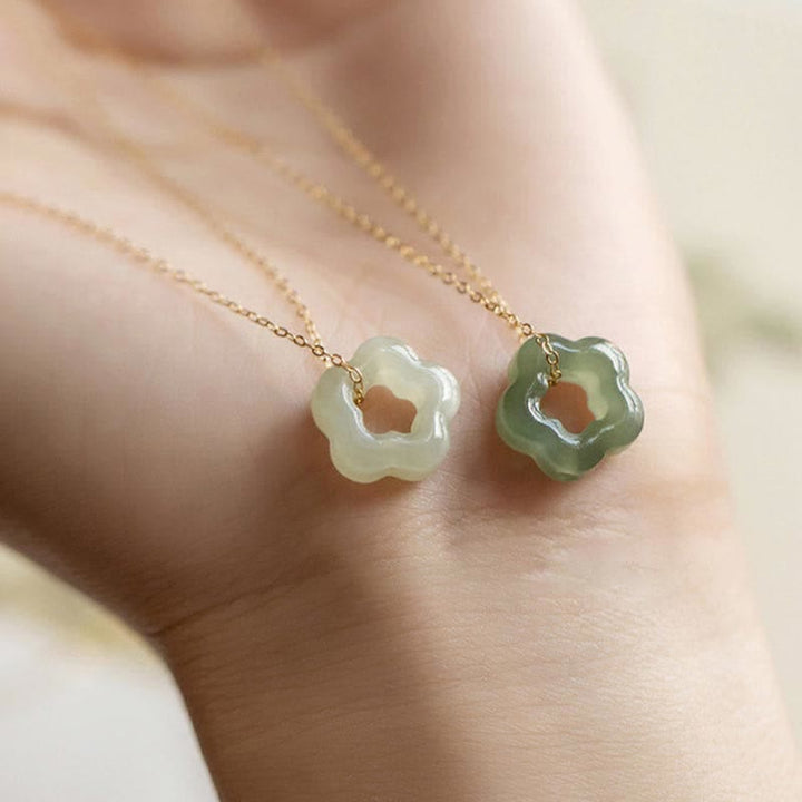 Buddha Stones Dainty Hetian Jade Cyan Jade Luck Floral Charm Necklace Pendant