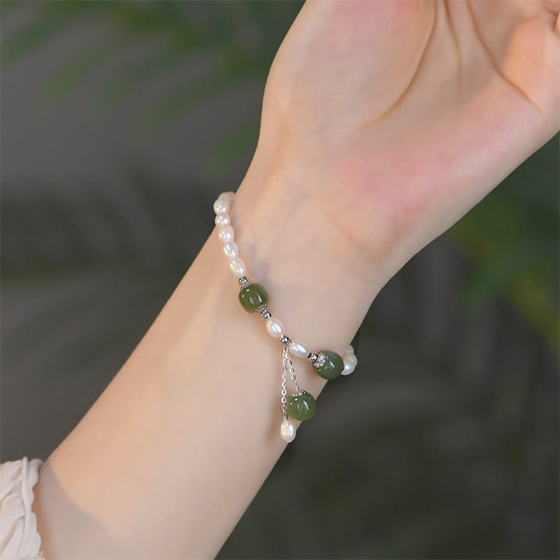 Buddha Stones 925 Sterling Silver Natural Pearl Hetian Jade Healing Bracelet