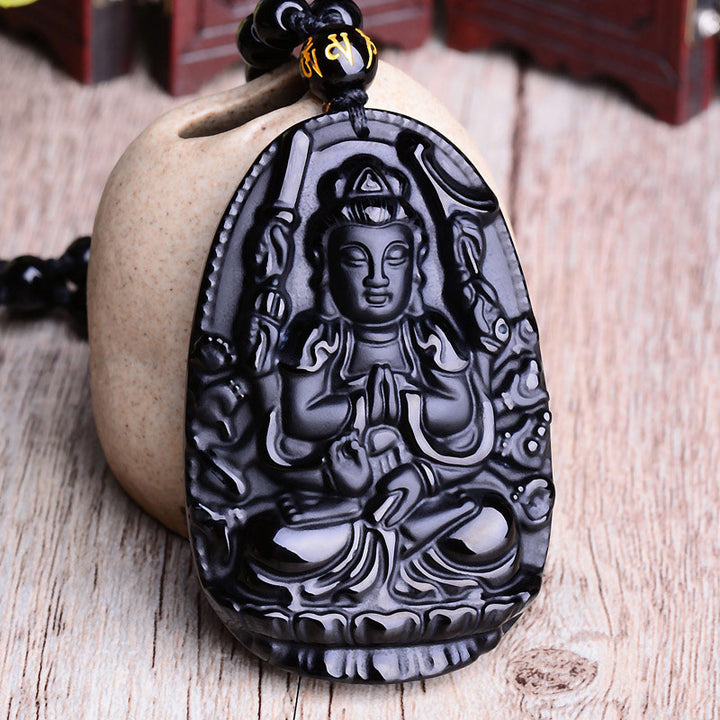 Buddha Stones Chinese Zodiac Obsidian Buddha Amulet Protection Pendant Necklace