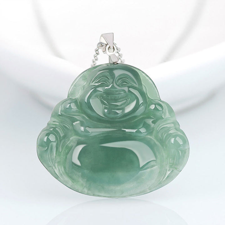 925 Sterling Silver Laughing Buddha Jade Protection Calm Necklace Chain Pendant