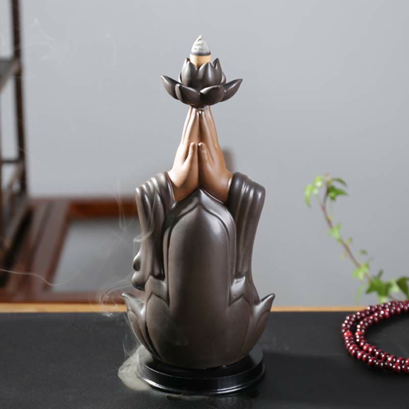 Buddha Avalokitesvara Chenrezig Ksitigarbha Ceramic Lotus Blessing Backflow Incense Burner