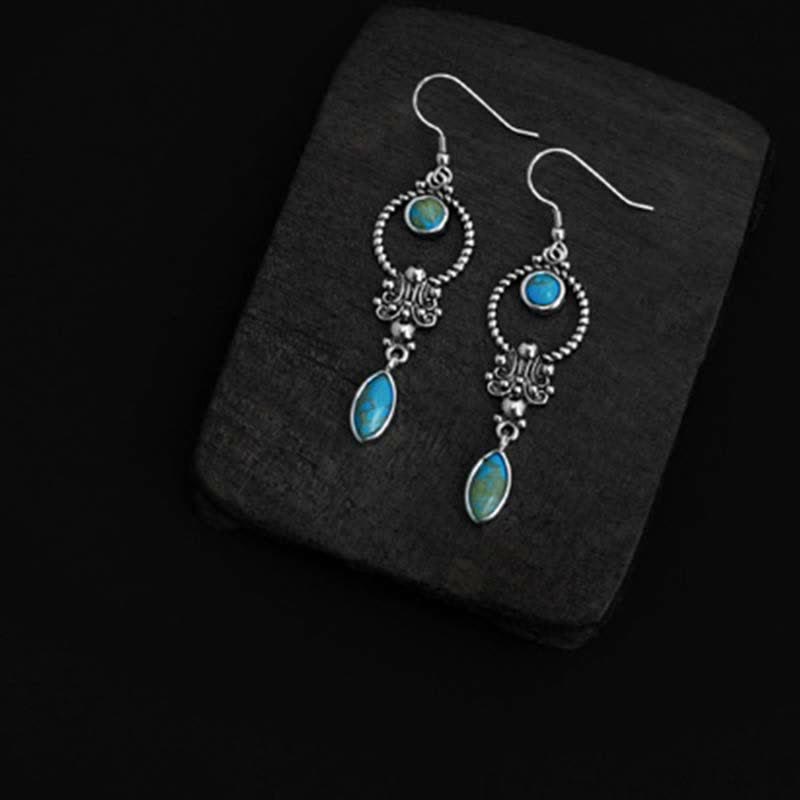 925 Sterling Silver Vintage Turquoise Waterdrop Pattern Balance Drop Dangle Earrings