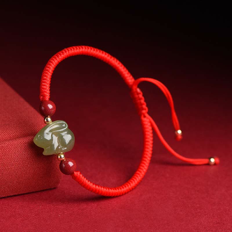 Year of the Rabbit Hetian Jade Bunny Cinnabar Beaded Abundance String Bracelet