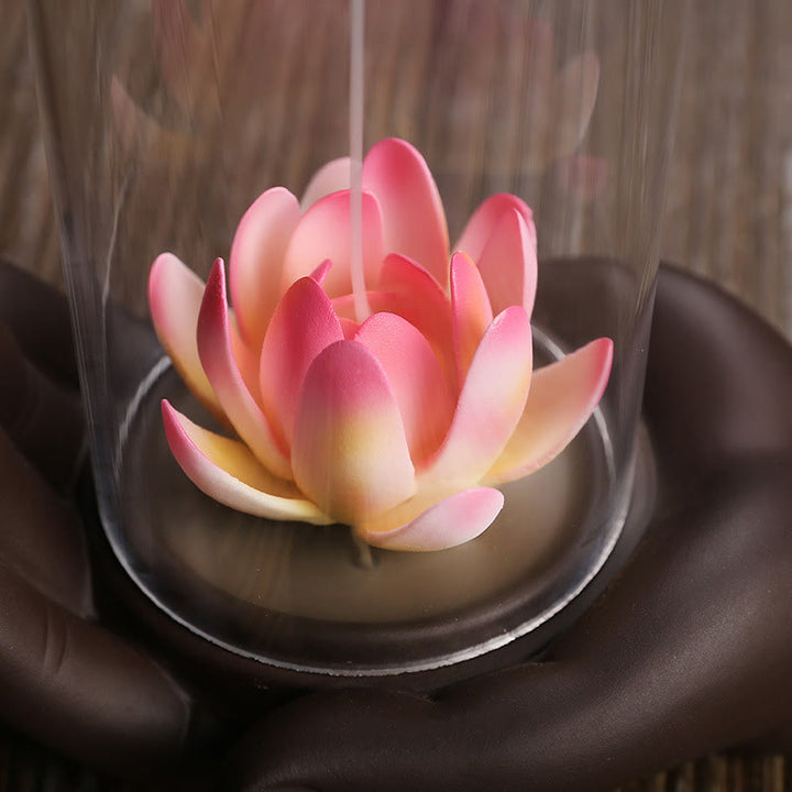 Buddha Stones Buddha Hand Lotus Enlightenment LED Light Purple Clay Ceramic Incense Burner Decoration