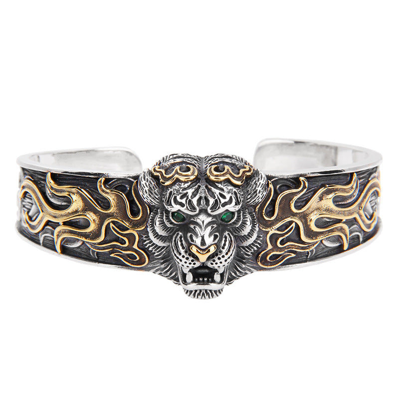 925 Sterling Silver Chinese Zodiac Tiger Keep Away Evil Spirits Bracelet Bangle