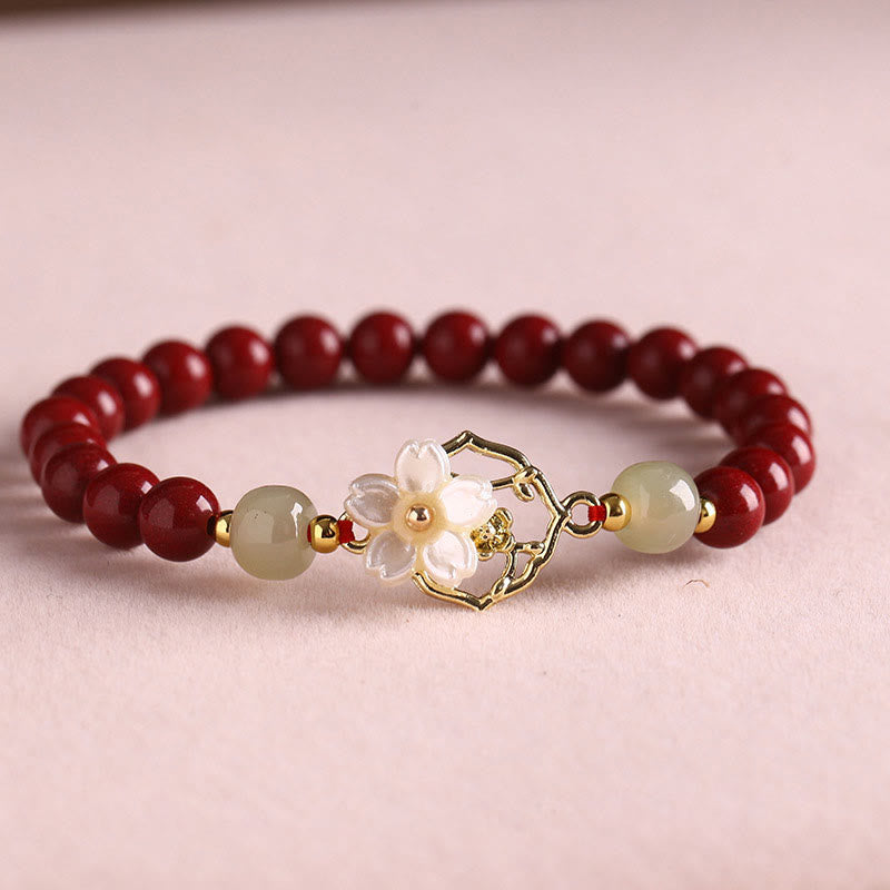 Buddha Stones Natural Cinnabar Jade Beaded Tridacna Stone Flower Blessing Bracelet