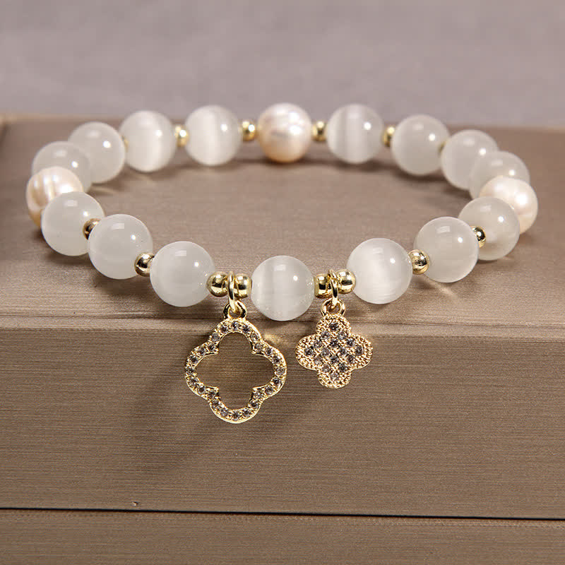 Buddha Stones Cat's Eye Lovely Cat Pattern Pearl Love Charm Bracelet