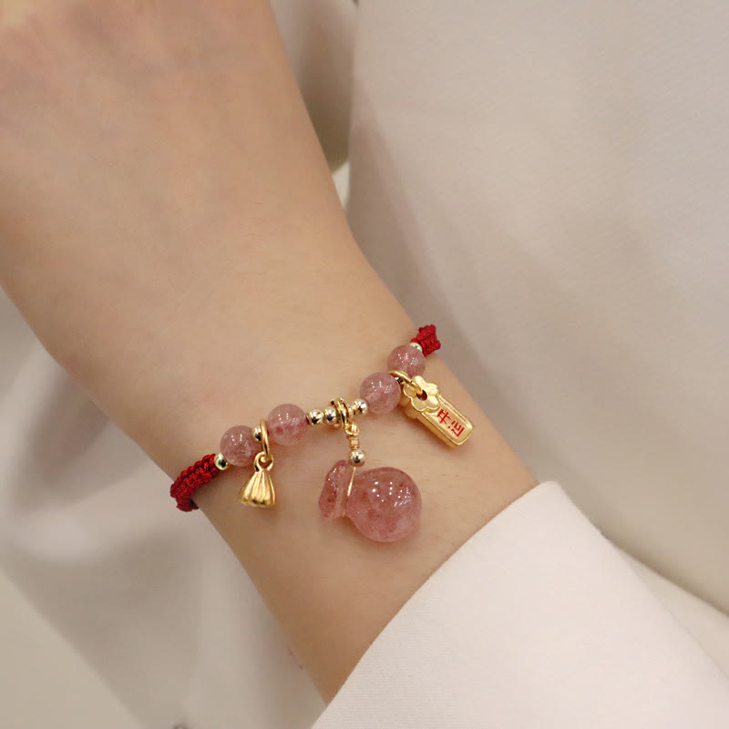 Buddha Stones Natural Strawberry Quartz Money Bag Lotus Healing Charm Red String Braided Bracelet